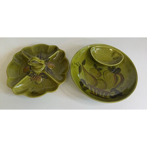 California Pottery Chip & Dip Dish & Divided Relish Tray Set USA Avacado Green